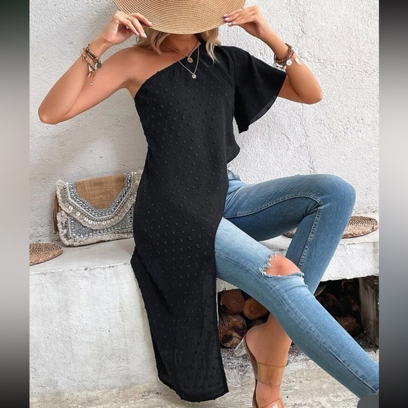 Boho One Shoulder Slit Long Tunic Top Blouse Black - Picture 3 of 6